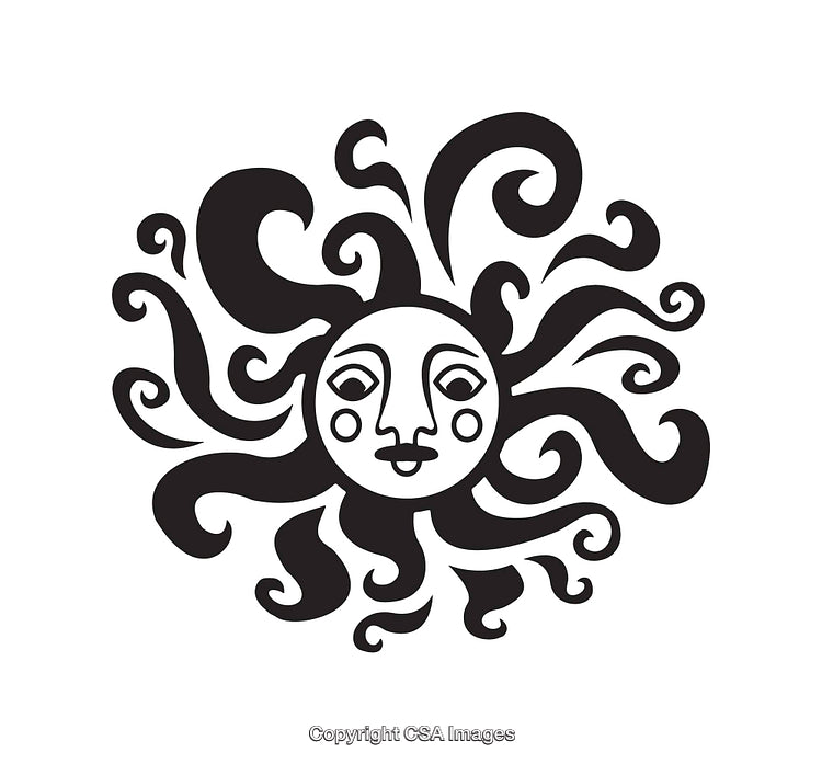 Artistic Black and White Sun Face Line Art Illustration With Abstract Patterns