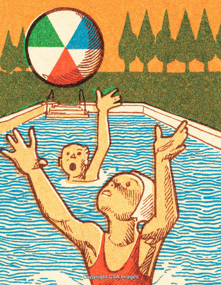 Children Playing with a Beach Ball in a Clear Blue Swimming Pool