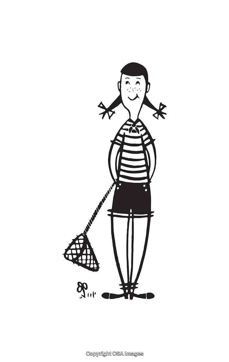 Charming Black and White Illustration of a Girl Holding a Butterfly Net