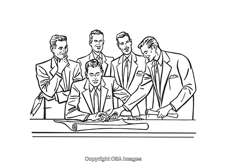 Vintage Business Professionals Collaborating in Black and White Line Art Illustration