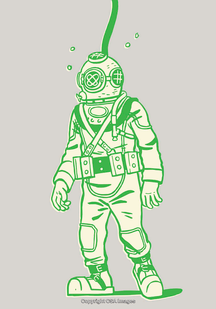 Green Line Art Illustration of a Classic Deep Sea Diver in Gear