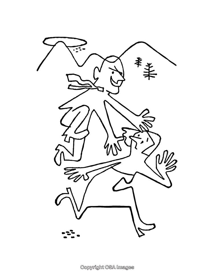 Playful Black and White Line Art Depicting Two People in a Scenic Area