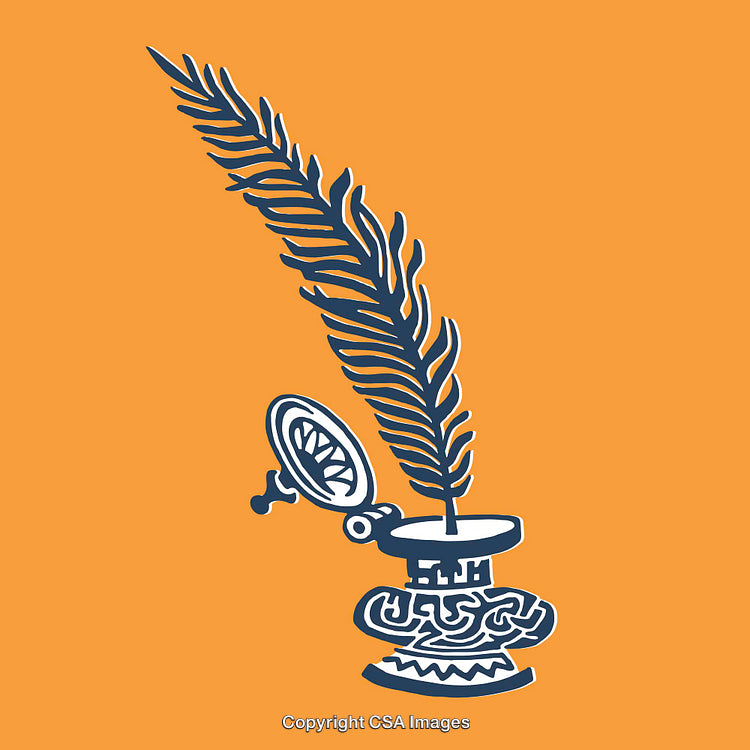 Intricate Line Art of Feather in Ink Pot on Orange Background