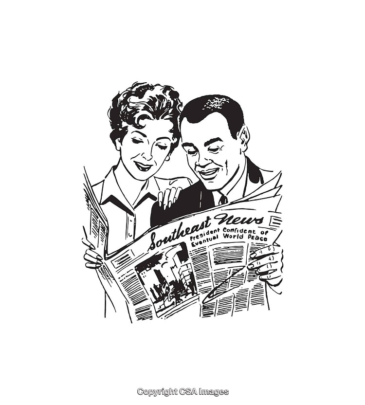 Retro Illustration of Couple Reading a Newspaper Together