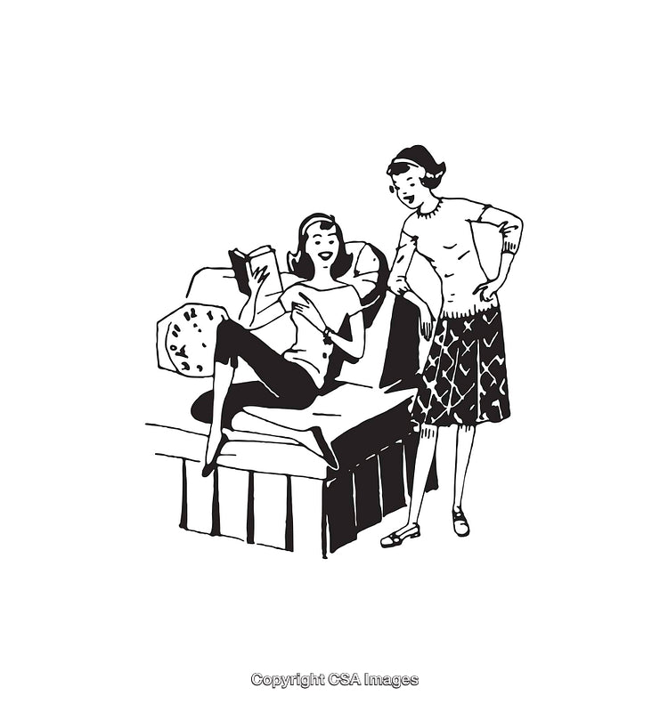 Vintage Black and White Line Art Illustration of Two Women Interacting