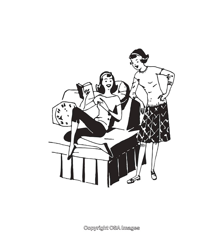 Vintage Black and White Line Art Illustration of Two Women Interacting