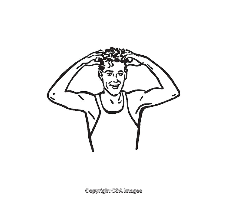 Black and White Line Art of Smiling Person Adjusting Hair