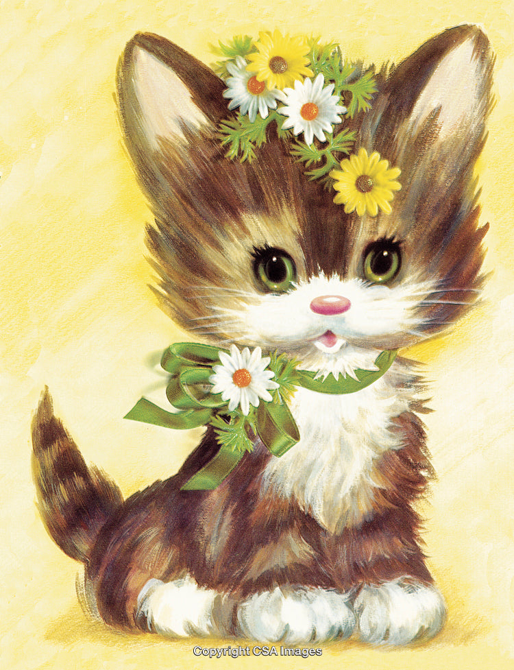 Adorable Kitten Illustration with Daisy Flowers and a Green Ribbon