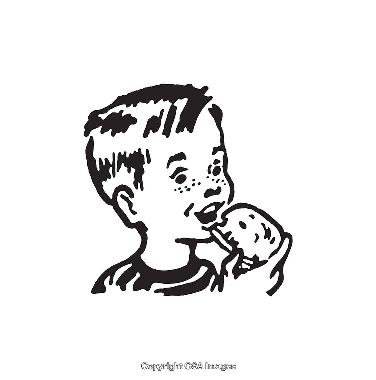Retro Line Art of a Smiling Boy Eating an Ice Cream Cone