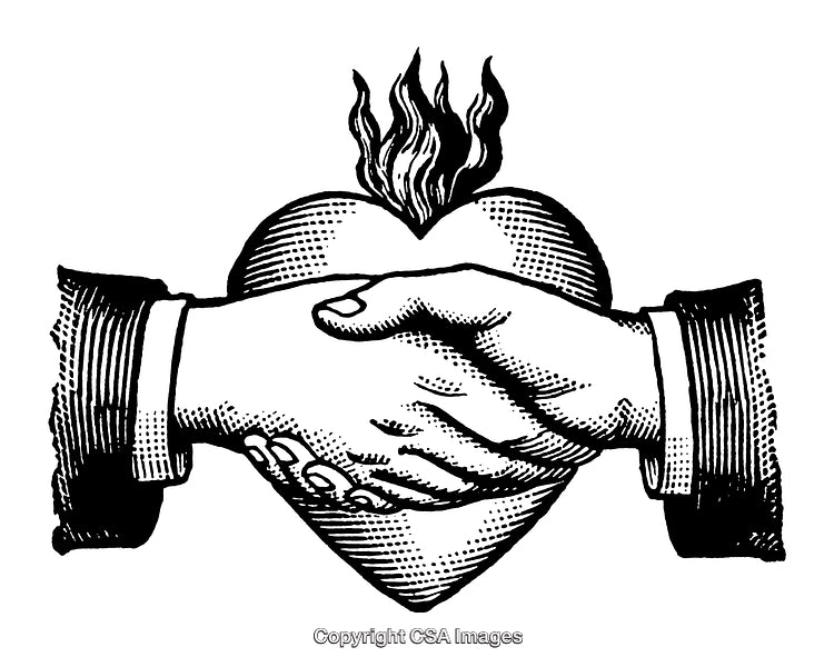 Vintage Handshake with Flaming Heart Symbol in Black and White Engraving