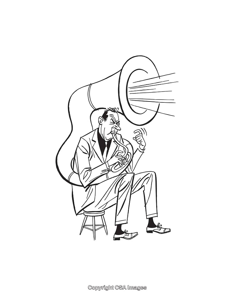 Black and White Illustration of Musician Playing a Tuba Instrument