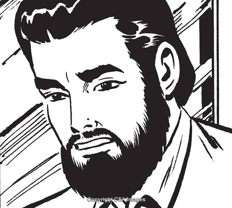 Black and White Comic-Style Illustration of a Man With Beard and Serious Expression