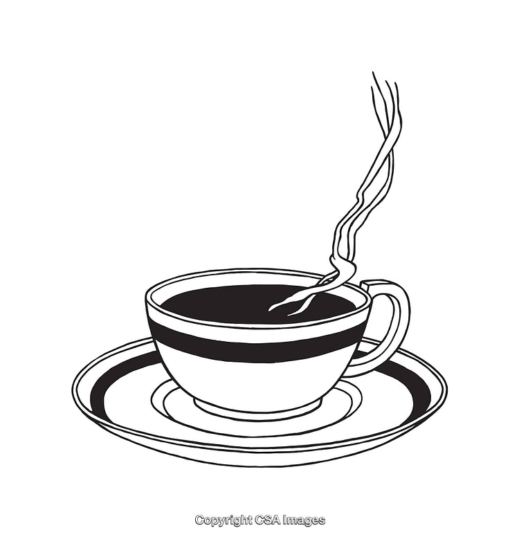 Black and White Line Art of a Cup of Steaming Coffee on a Saucer