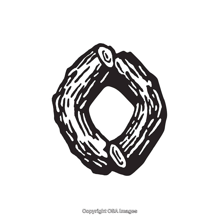 Vintage Black and White Illustration of Letter O Made from Tree Logs
