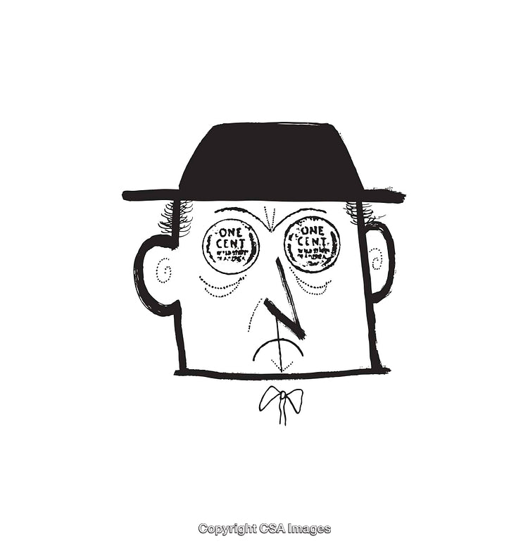 Quirky Line Art Face with Hat and Coin Eye Details