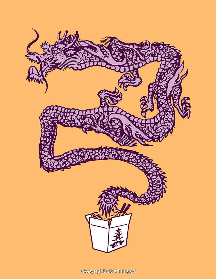 Illustration of a Dragon and Takeout Box with Vibrant Colors