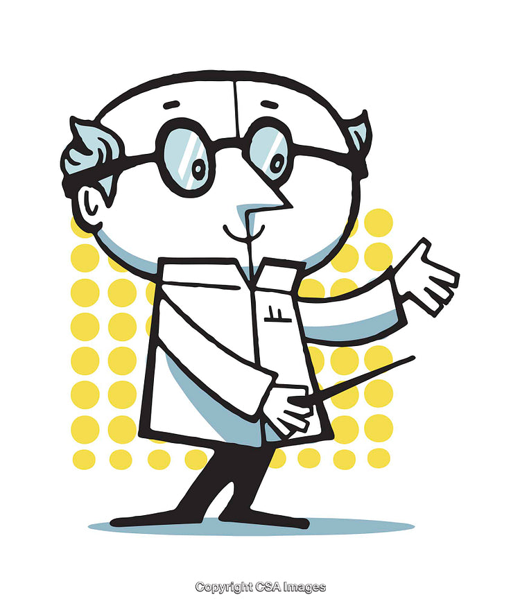 Cartoon Scientist Illustration with Glasses and Stick on Yellow Dotted Background