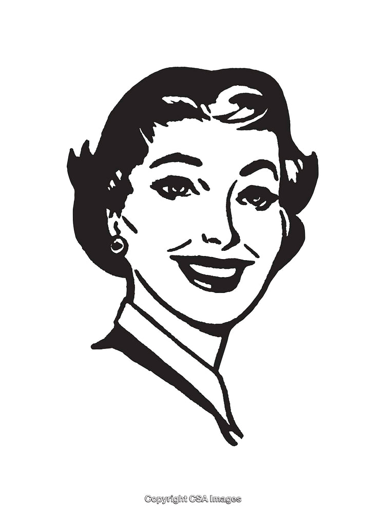 Smiling Retro Woman in Black and White Line Art Style