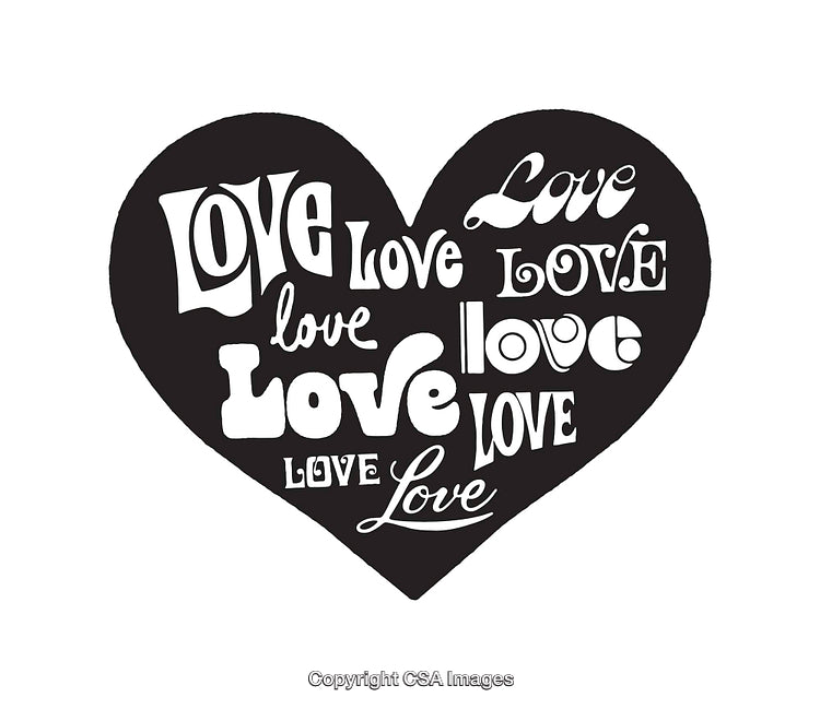 Black and White Heart Illustration Featuring Repeated Typography of Love
