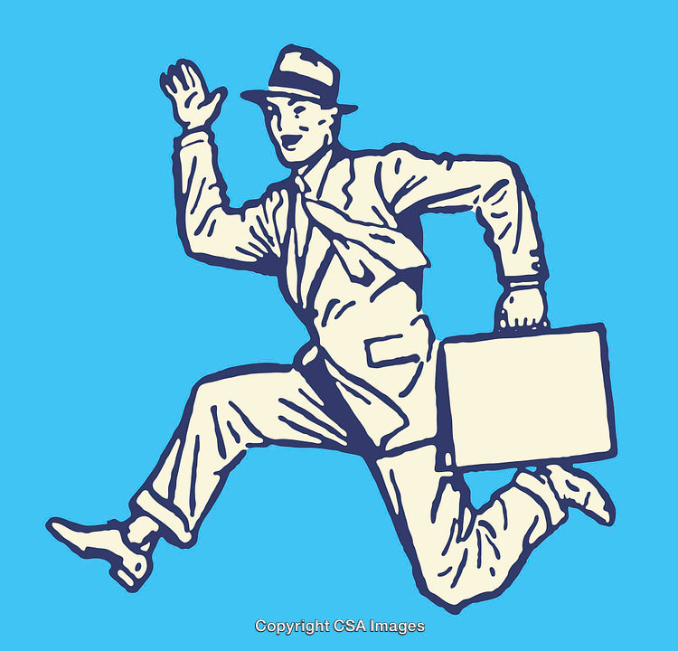 Retro Businessman in Motion Carrying a Briefcase, Blue Background