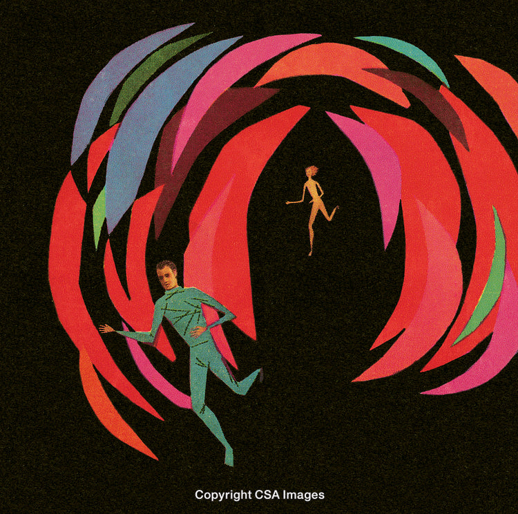 Abstract Figures Running Through Colorful Vibrant Shapes in Dynamic Motion