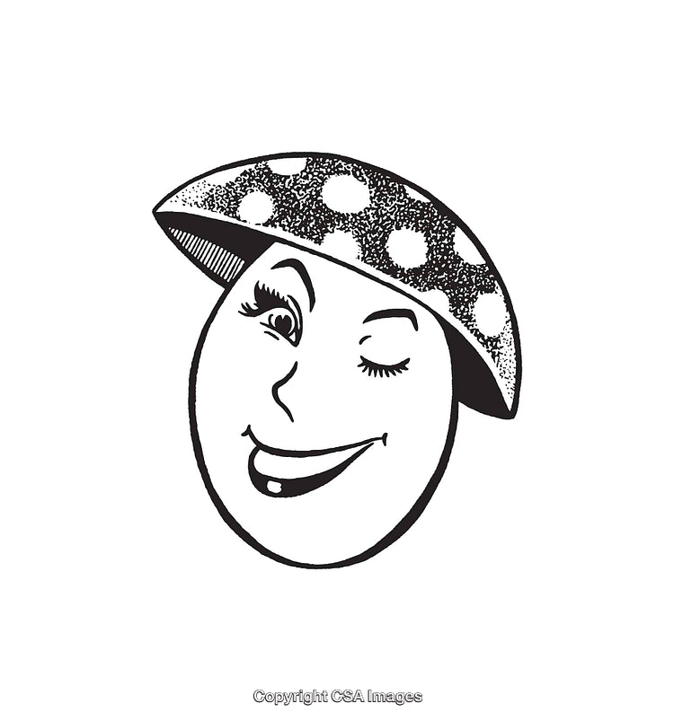 Whimsical Black and White Illustration of Winking Anthropomorphic Mushroom