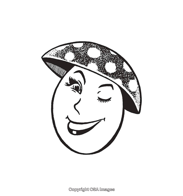 Whimsical Black and White Illustration of Winking Anthropomorphic Mushroom