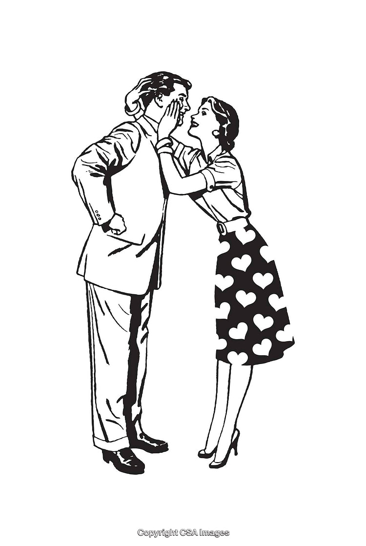 Retro Line Art Illustration of Whispering Couple in Vintage Style
