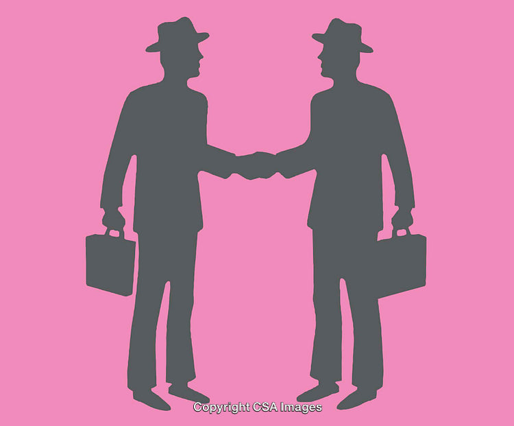 Silhouette of Two Businessmen Shaking Hands with Briefcases on a Pink Background