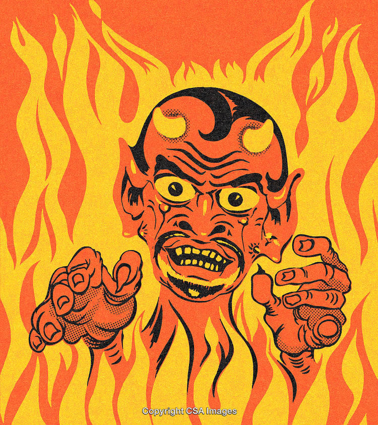 Fiery Devil Illustration with Intense Expression and Flames Rising in Art Scene