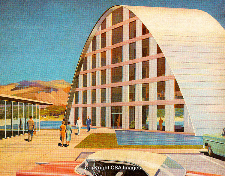 Futuristic Building with Retro Design Elements in Scenic Landscape at Day