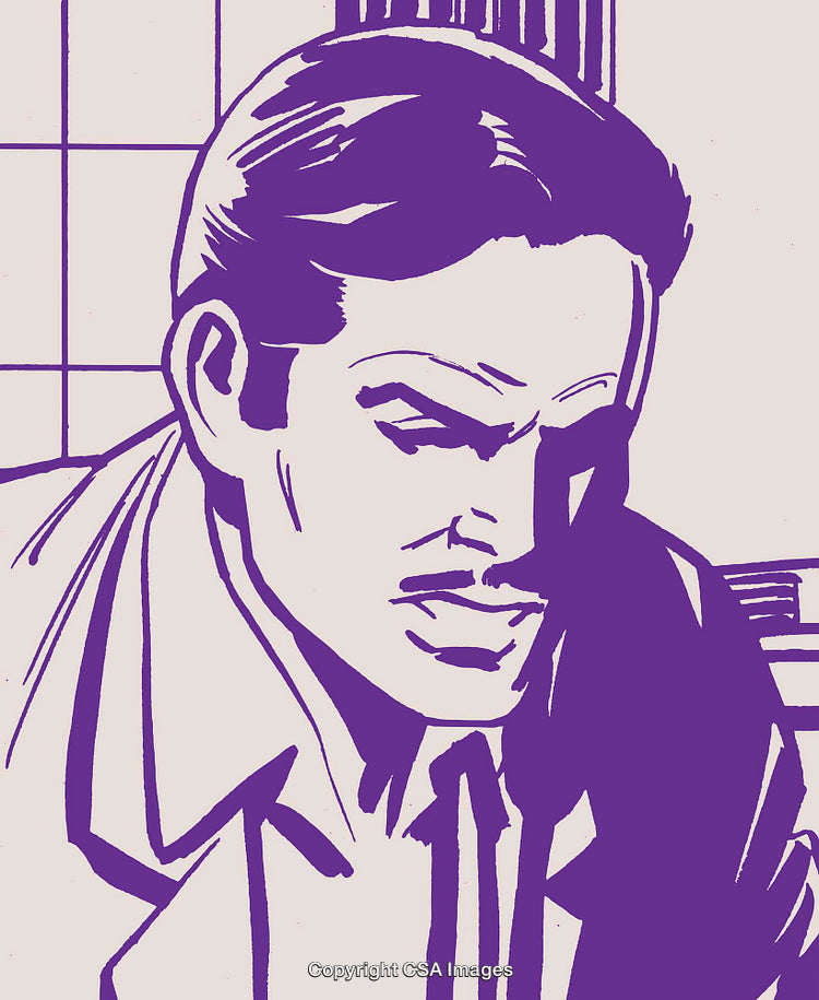 Retro Styled Illustration of a Thoughtful Business Man in Purple Tones
