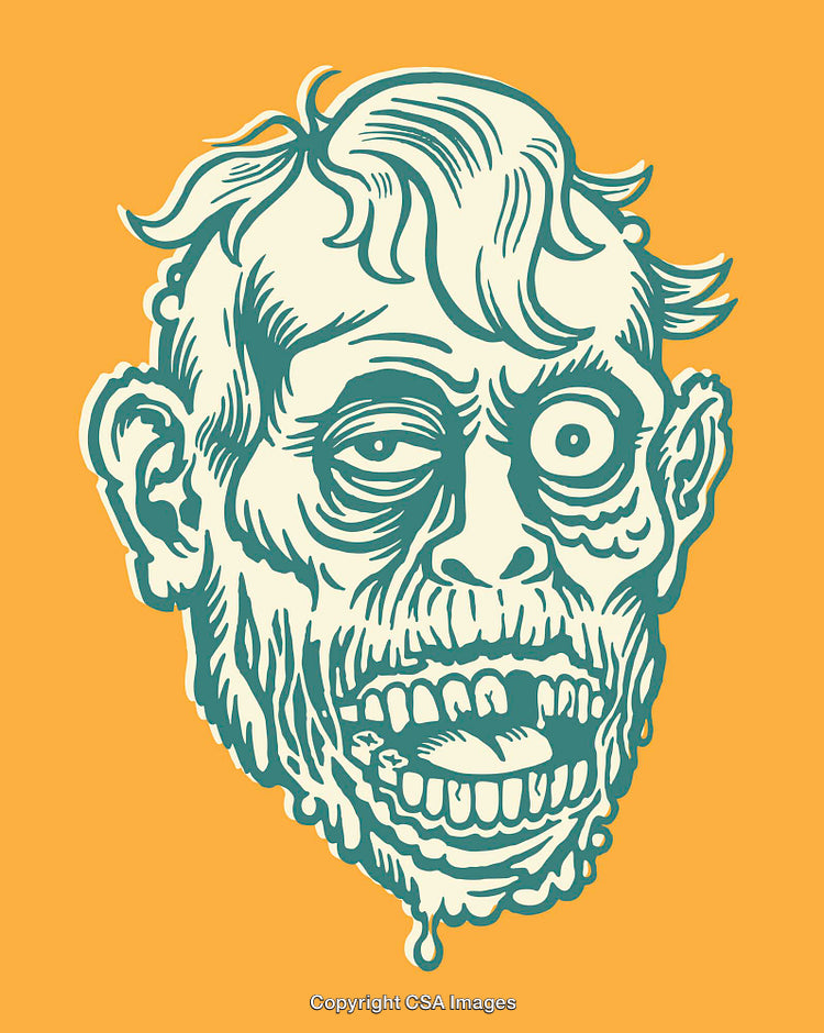 Grotesque Zombie Head Line Art Illustration with Orange Background