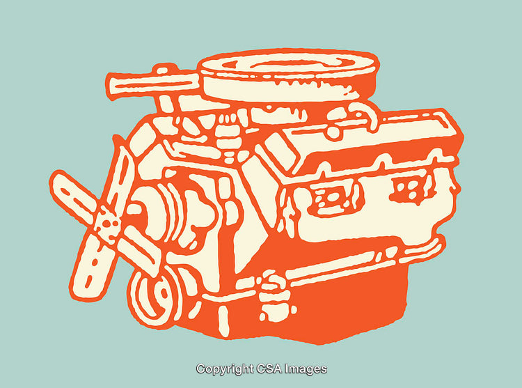 Retro-Line Art Illustration of a Mechanical Engine in Vibrant Colors