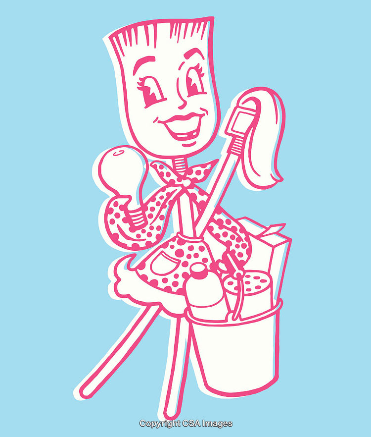 Smiling Cartoon Character Holding Cleaning Tools in Colorful Line Art Style