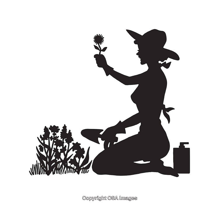 Silhouette of a Woman Gardening with Flowers and Tools