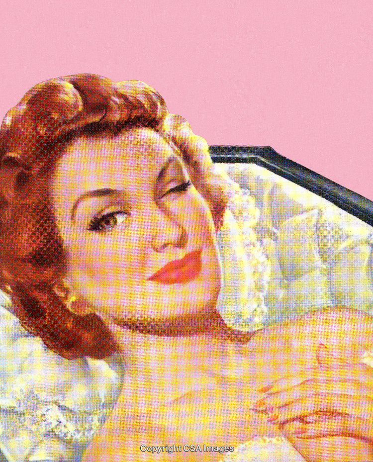 Vintage Illustration of a Smiling Woman with Wavy Hair and Winking Expression