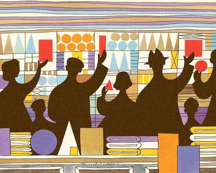 Colorful Abstract Artwork Depicting Silhouetted Figures in a Geometric Background