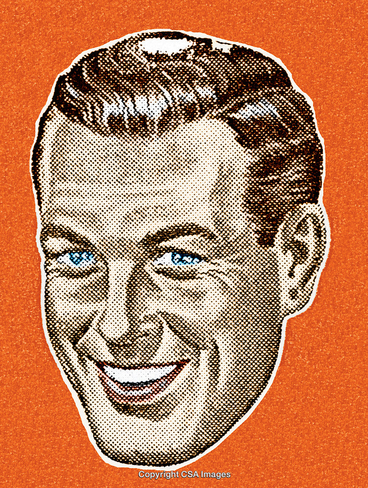 Retro Pop Art Style Illustration of a Smiling Man with Blue Eyes