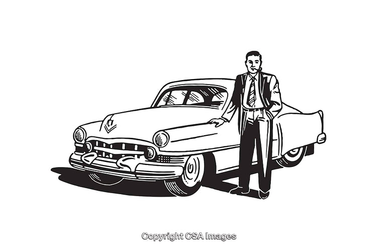 Classic Car with Professional Man in Black and White Line Art