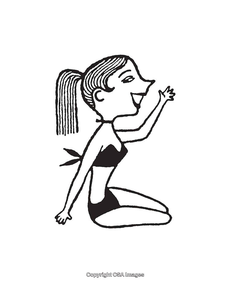 Black and White Line Art of a Cheerful Woman in Swimsuit