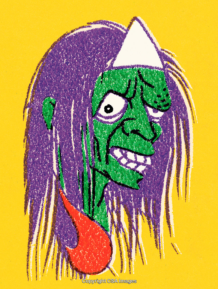 Colorful Illustration of Green-Skinned Character with Purple Hair and Red Flame