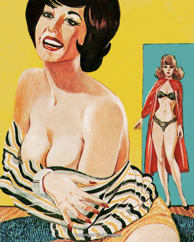 Vintage Pop Art Style Illustration Featuring Two Women in Colorful Scenes