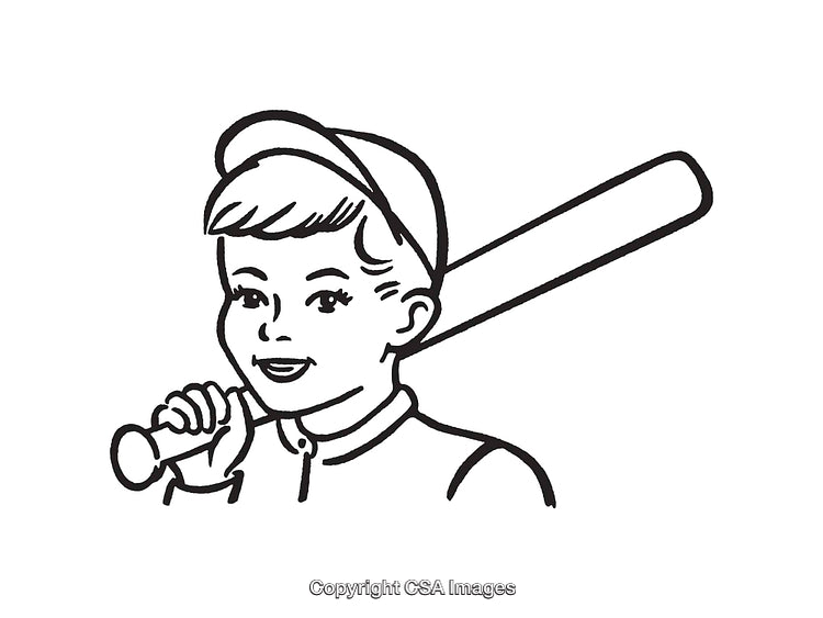 Black and White Line Drawing of a Child Holding a Baseball Bat
