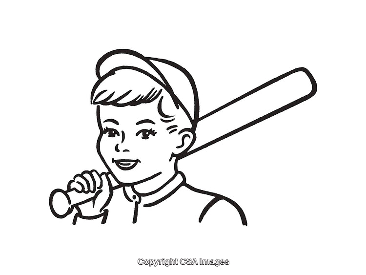 Black and White Line Drawing of a Child Holding a Baseball Bat