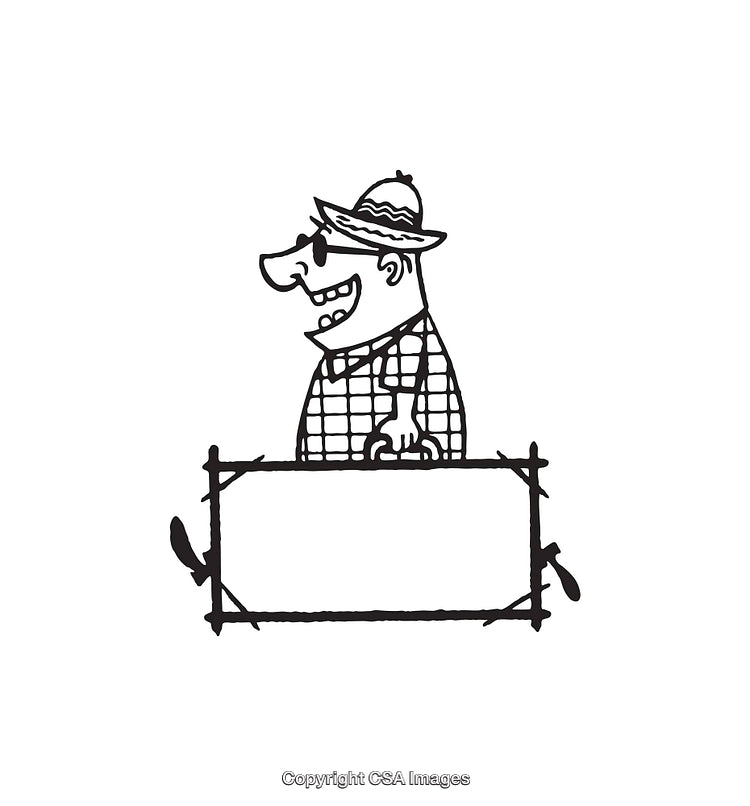 Smiling Cartoon Man Holding a Sign in Black and White Illustration