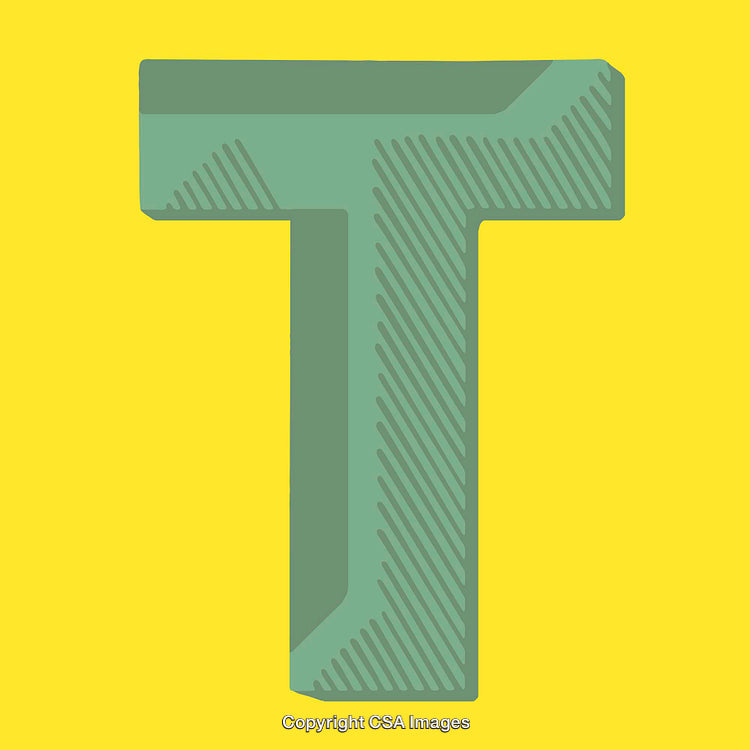 Decorative Green Letter T With Striped Pattern on Yellow Background