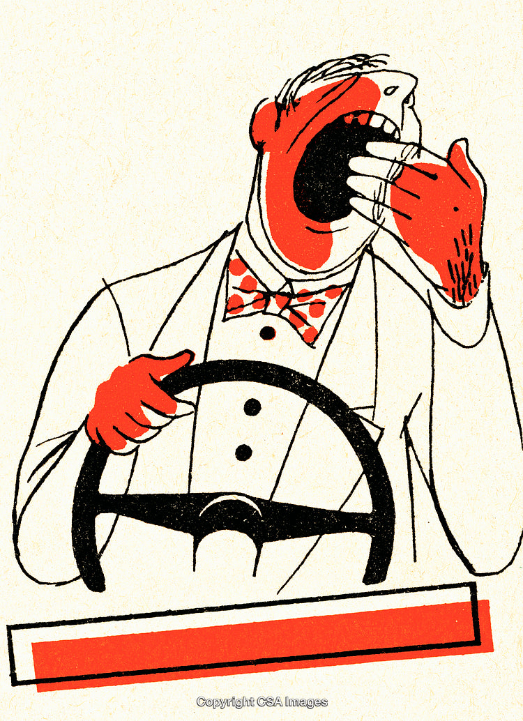 Retro Illustration of Tired Driver Yawning While Behind the Wheel