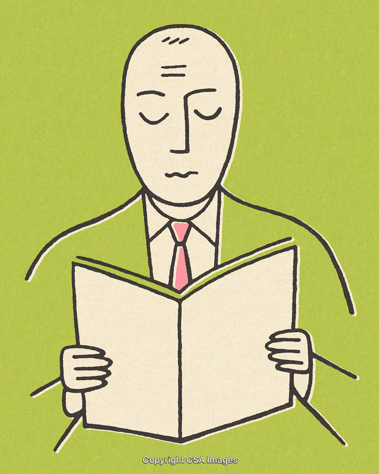 Illustrated Man Reading Book in Formal Attire on Light Green Background