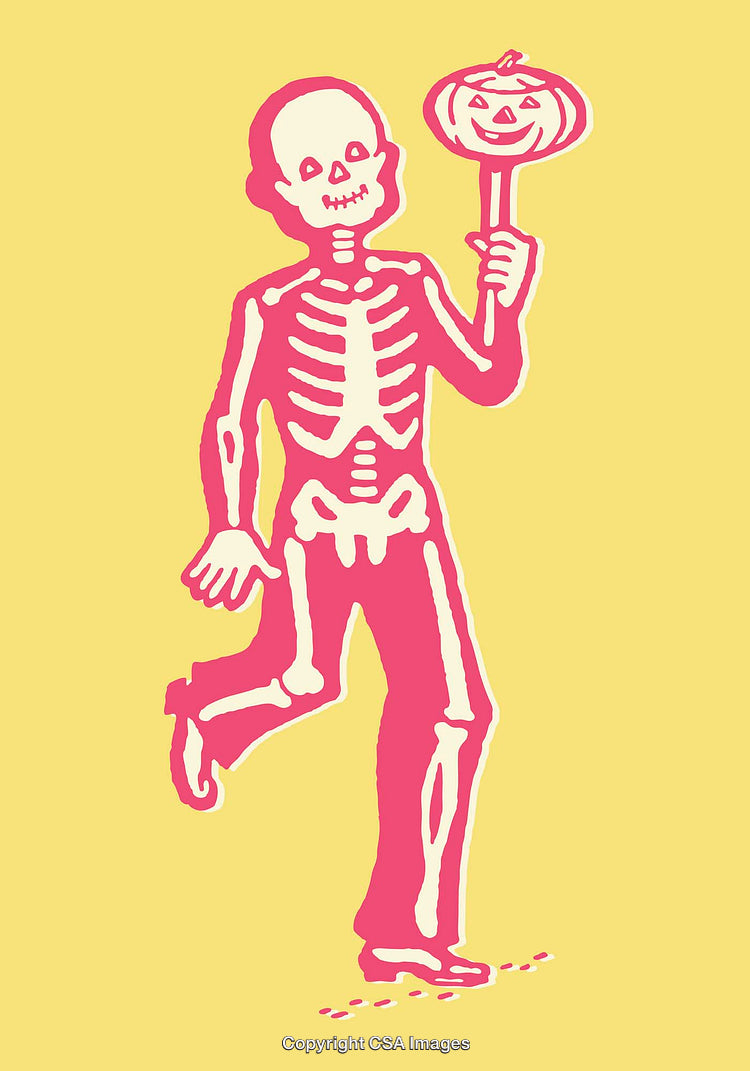Cartoon Skeleton Holding Pumpkin Lantern in Festive Yellow and Pink Illustration